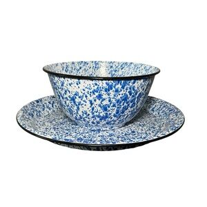 CGS International Enamelware Metal 1 Large Salad Bowl Blue & White 1 Underplate